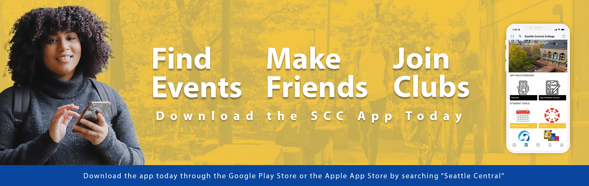  Seattle Central app banner student image with screenshot of app 