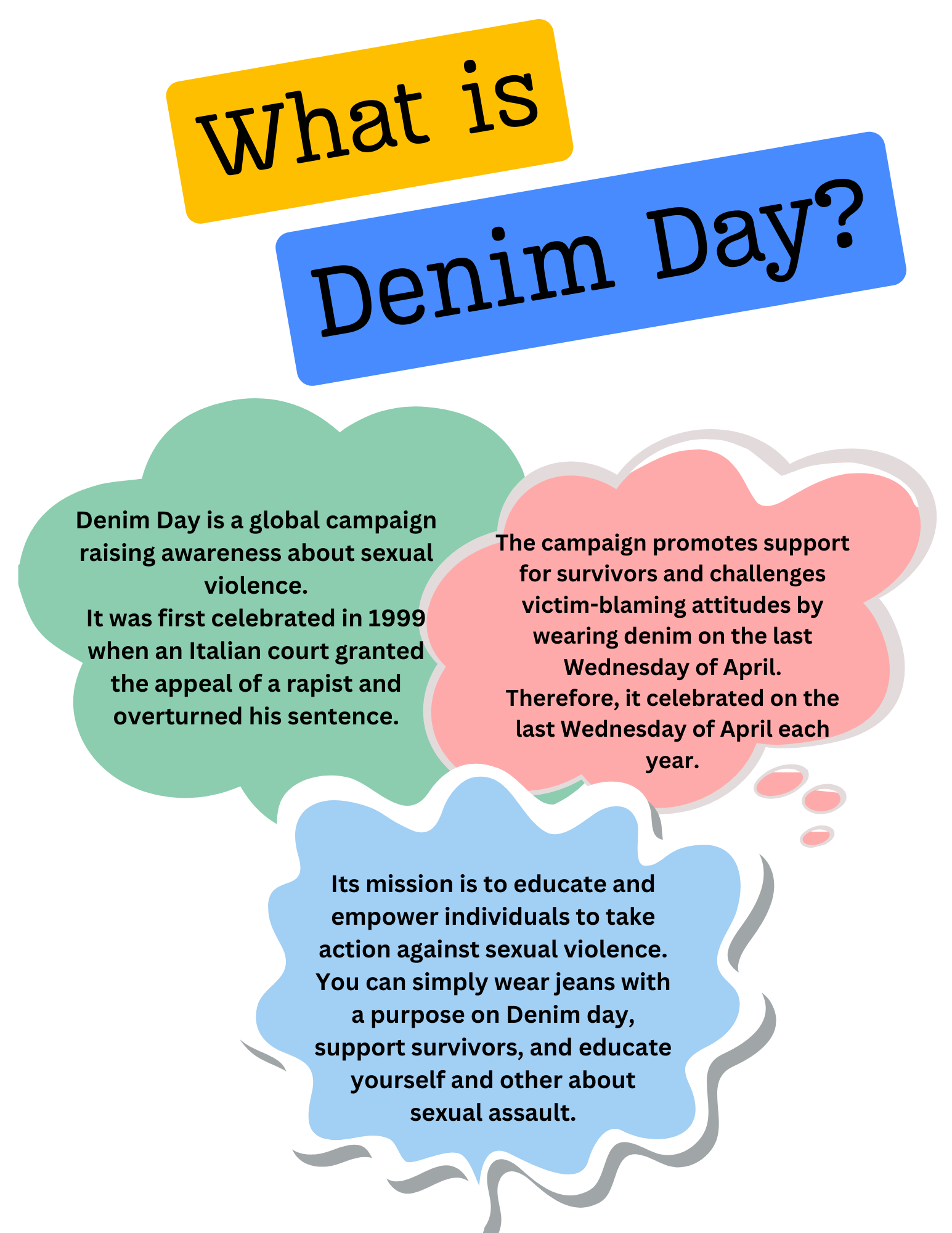This text explains what Denim Day is about: Denim Day is a global campaign raising awareness about sexual violence.