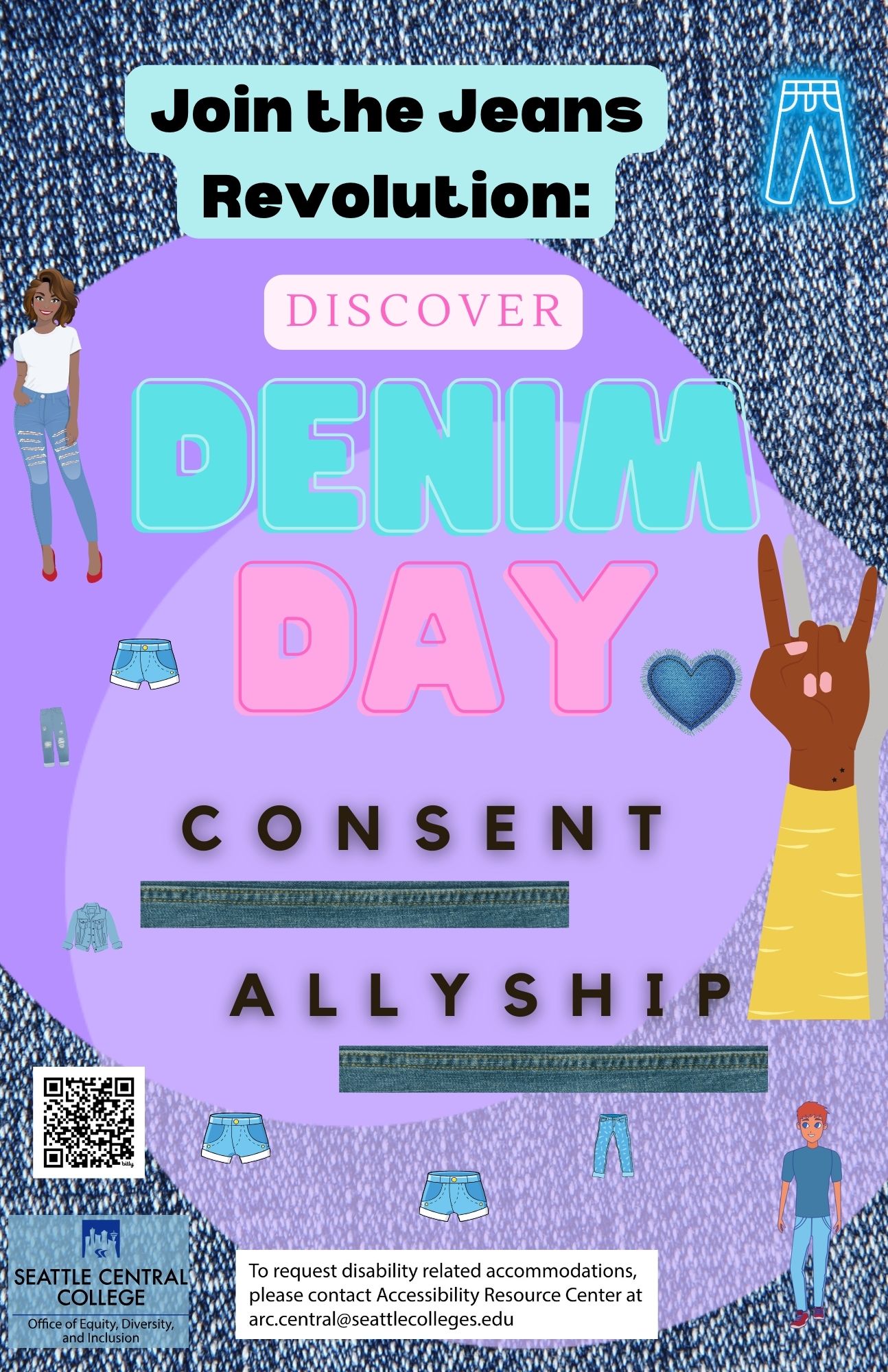 This is a flyer asking to join the revolution of Denim Day! graphics include denim shorts, 2 people wearing denim jeans and the background is a denim print.