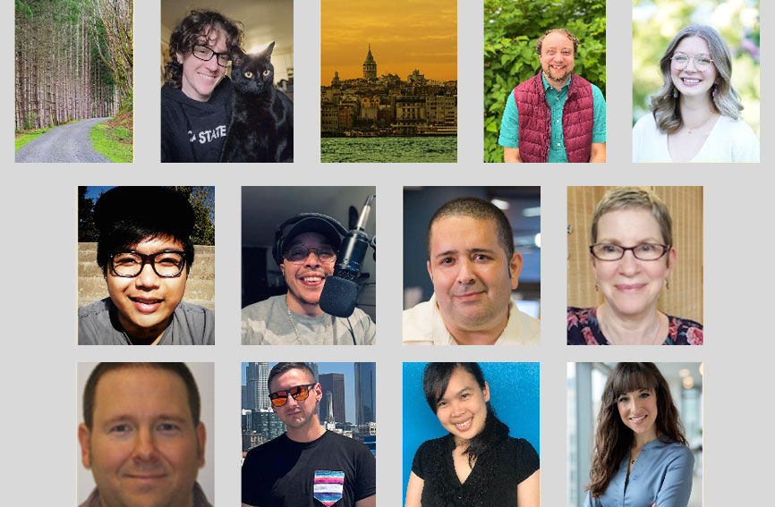 Small photos of the elearning team sorted in a rectangle shape with light grey background