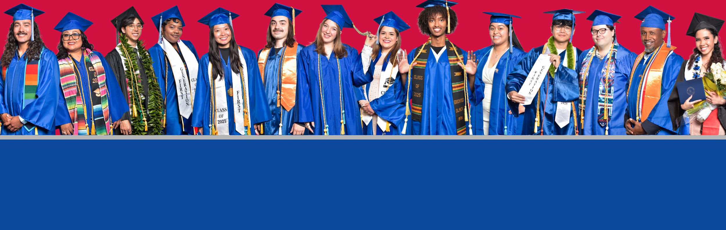  A diverse group of many smiling graduates in caps and gowns 