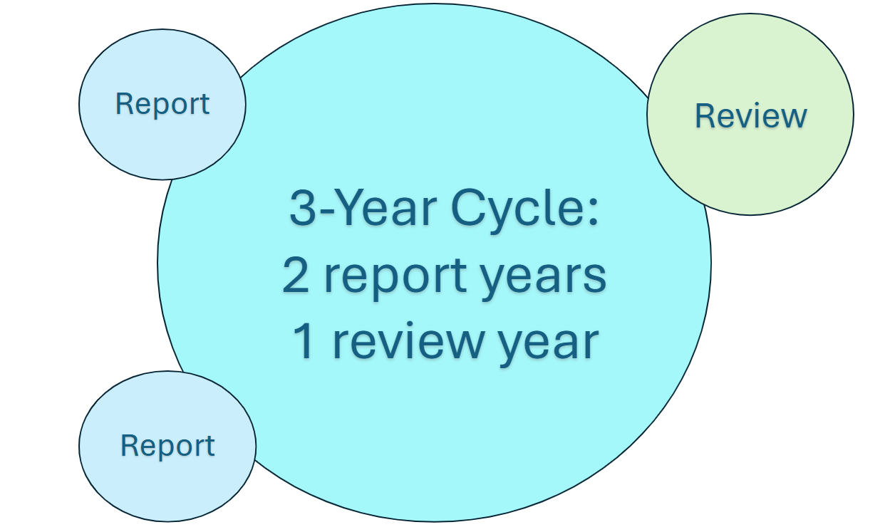 Image is a large circle with the words "3-year cycle: 2 report years, 1 review year"