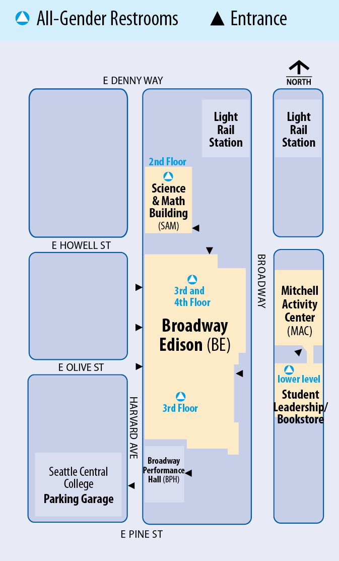 Seattle Central Campus Overview Map - All Gender Restrooms noted in Broadway Edison Building, Mitchell Activity Center, and Science and Math Building. Refer to text above this image detailing locations of restrooms.